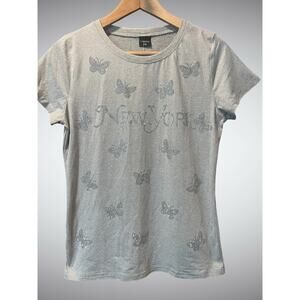 Y2K New York Butterfly Rhinestone Baby Tee Top Gray Size  S/M
